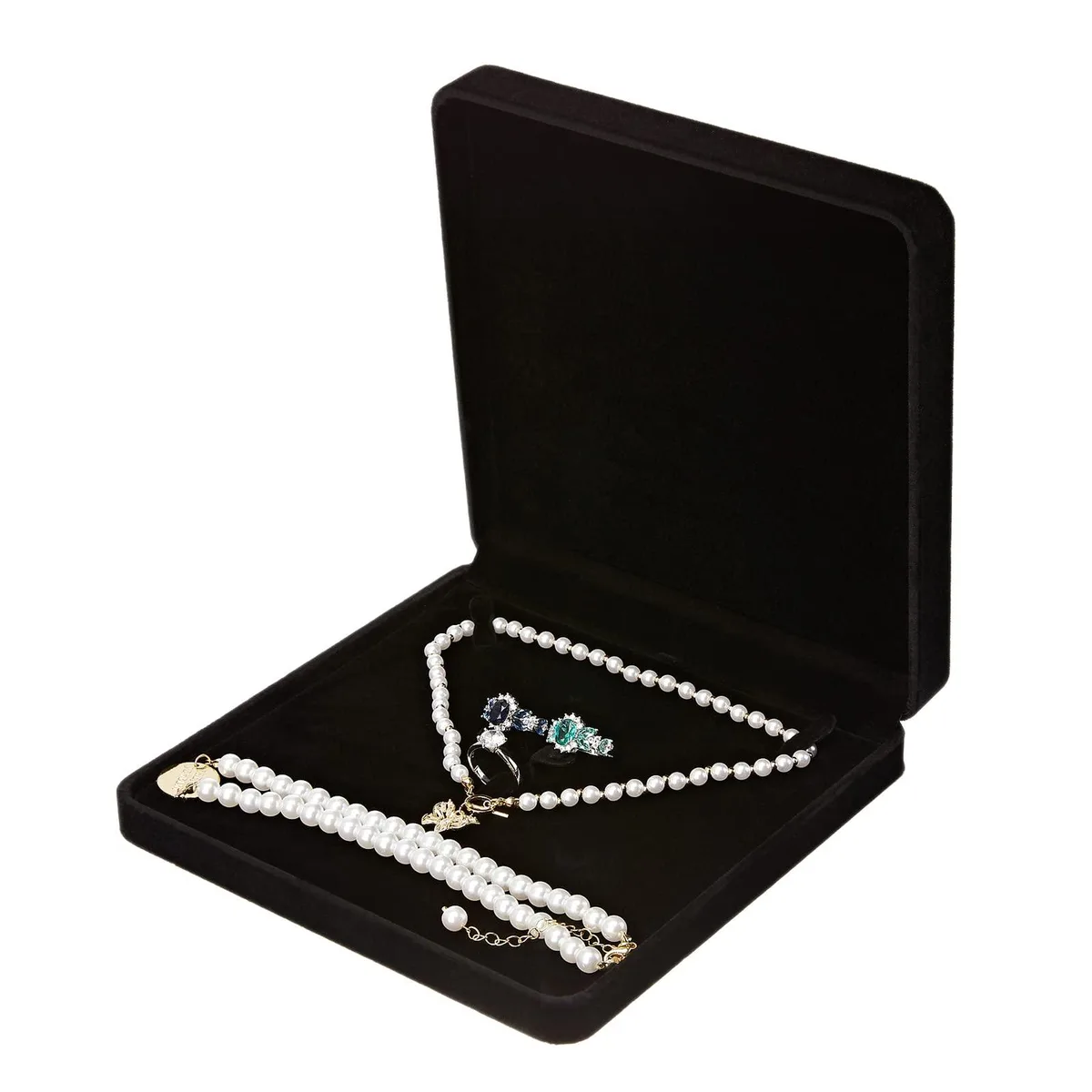 Black square velvet jewelry box with lid closed 7.5 in 19 cm