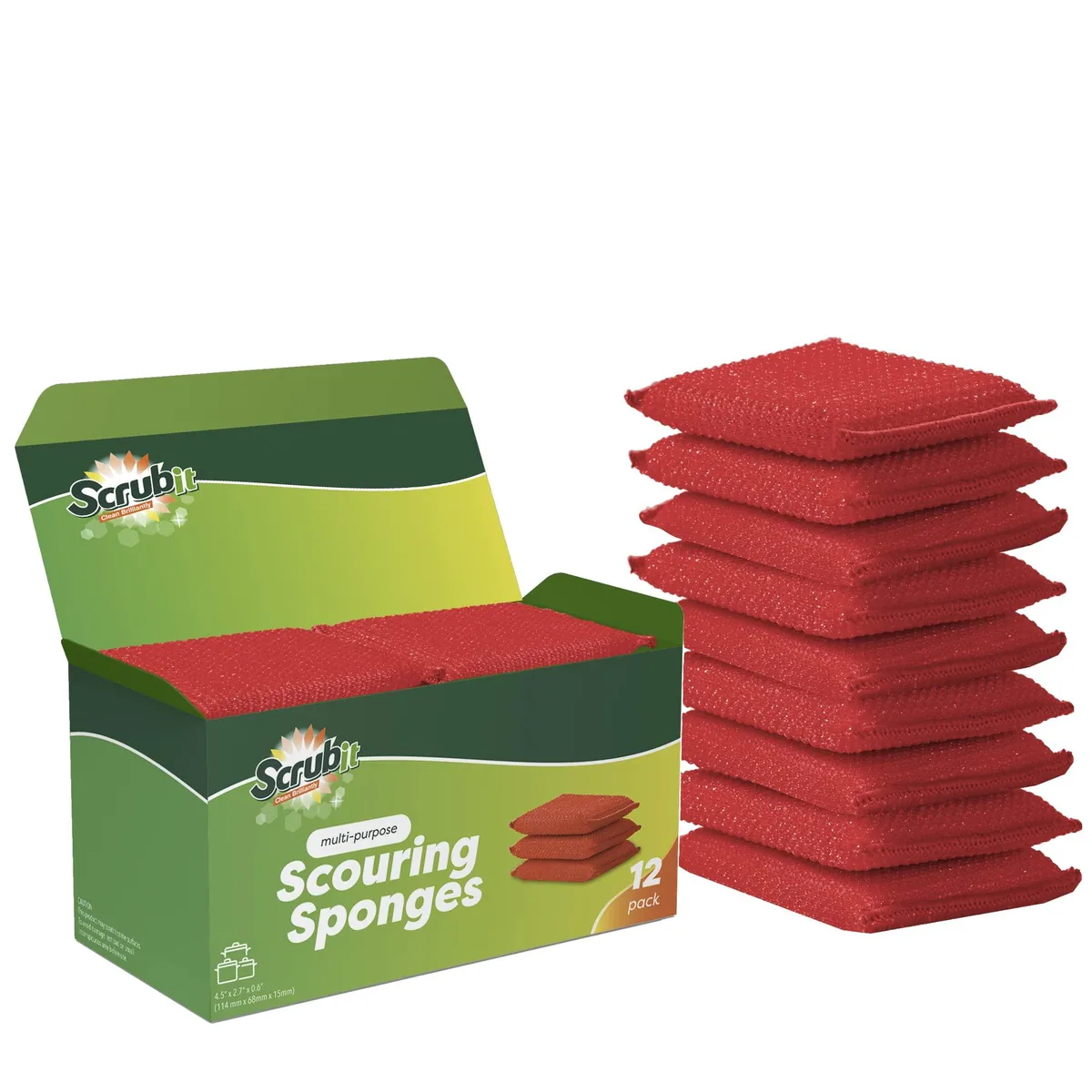 Twelve red non-scratch nylon scrub sponges in a pack