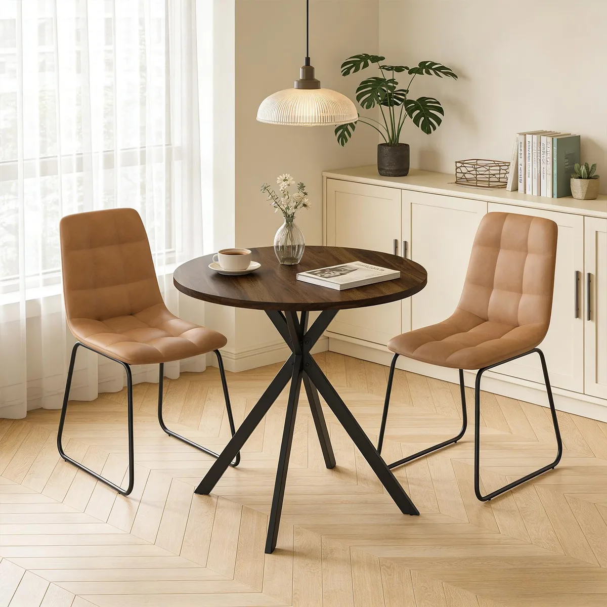 domusdisn domusdisn 31.5" Round Dining Table Set Gray Table Brown Chairs — product photo