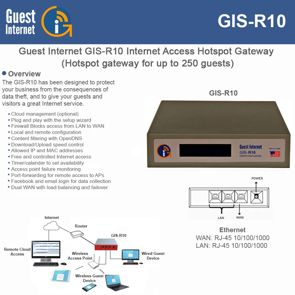 Guest Internet Solutions Guest Internet Solutions GIS-R10 Hotspot Gateway 250 users dual WAN — product photo