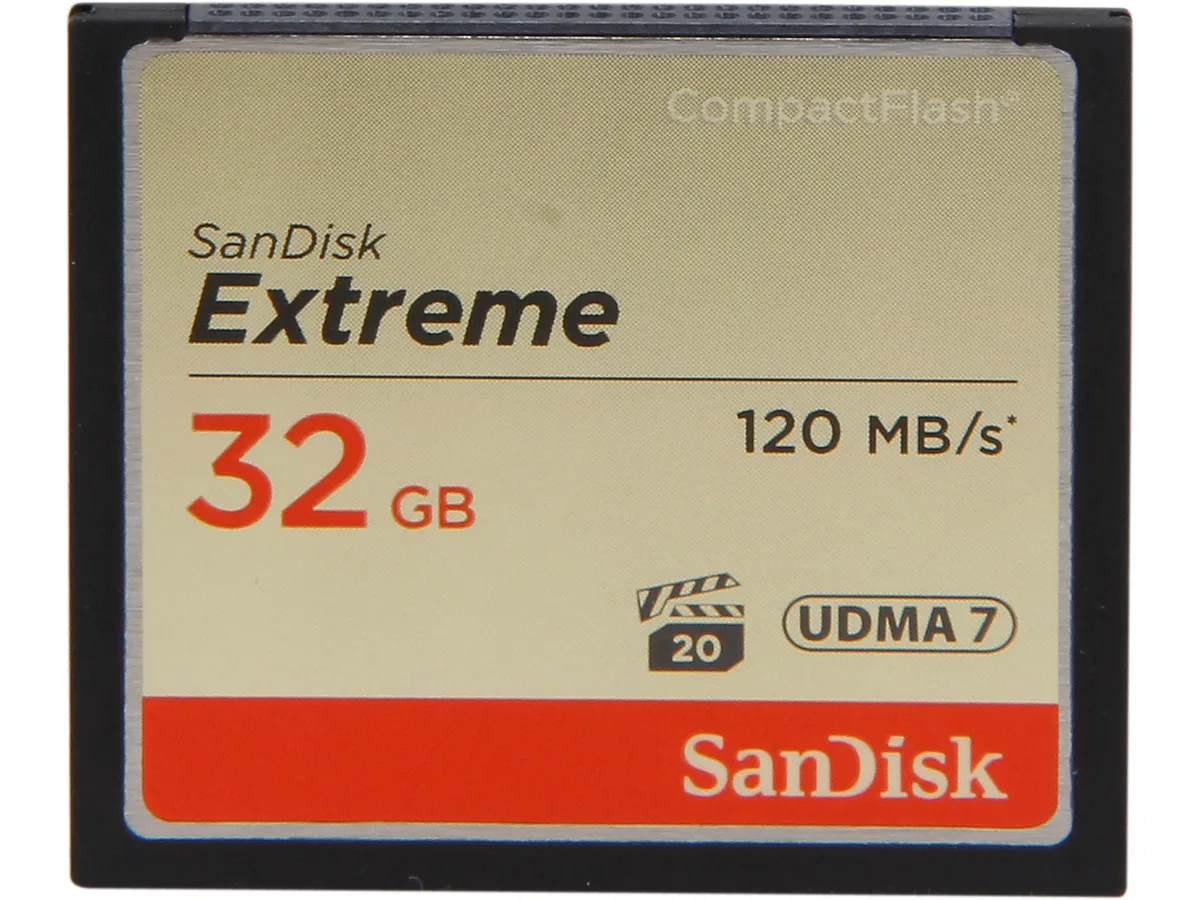 SanDisk Extreme 32 GB CompactFlash card, black rectangular shape with label
