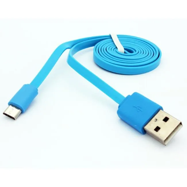 Flat blue Micro USB cable, 100 cm length, tangle-free design