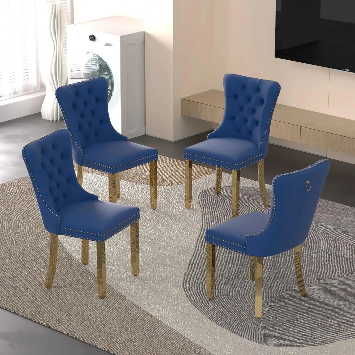Sumdeal Sumdeal Velvet Dining Chairs Set of 4 Blue with Golden Leg — product photo