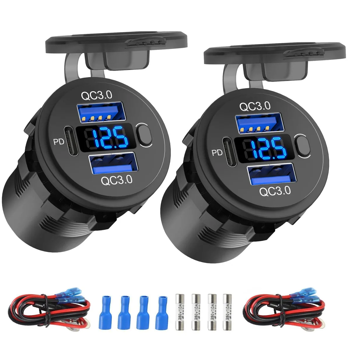 Two black 12V sockets with three USB ports, blue voltmeter display and push-button switch
