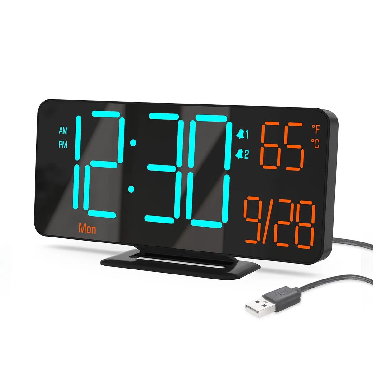 Black rectangular digital clock with blue and orange LED digits on a 6.7 inch display