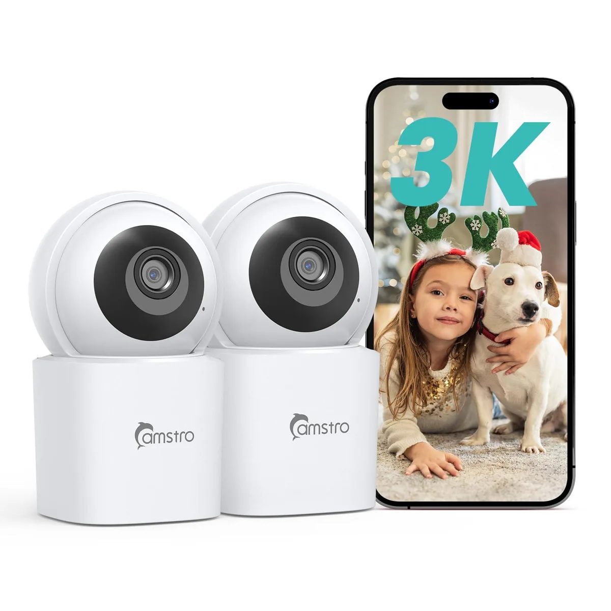 Two compact white indoor cameras with pan-tilt bases, USB power cables and mounting brackets