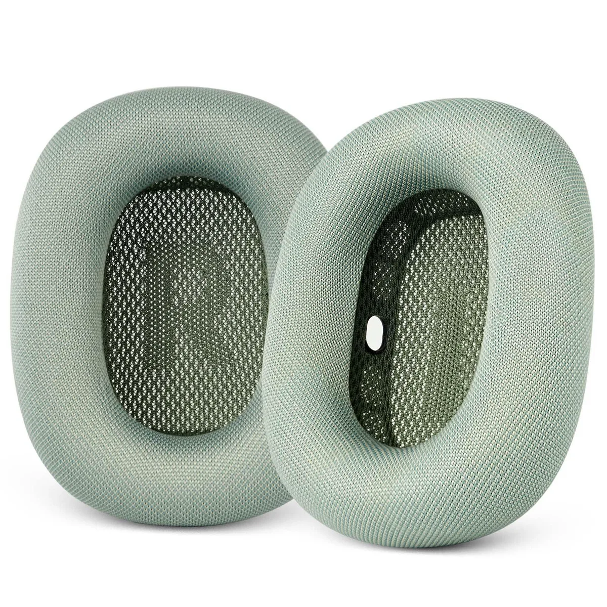 A pair of green mesh ear cushions with magnetic backing for AirPods Max
