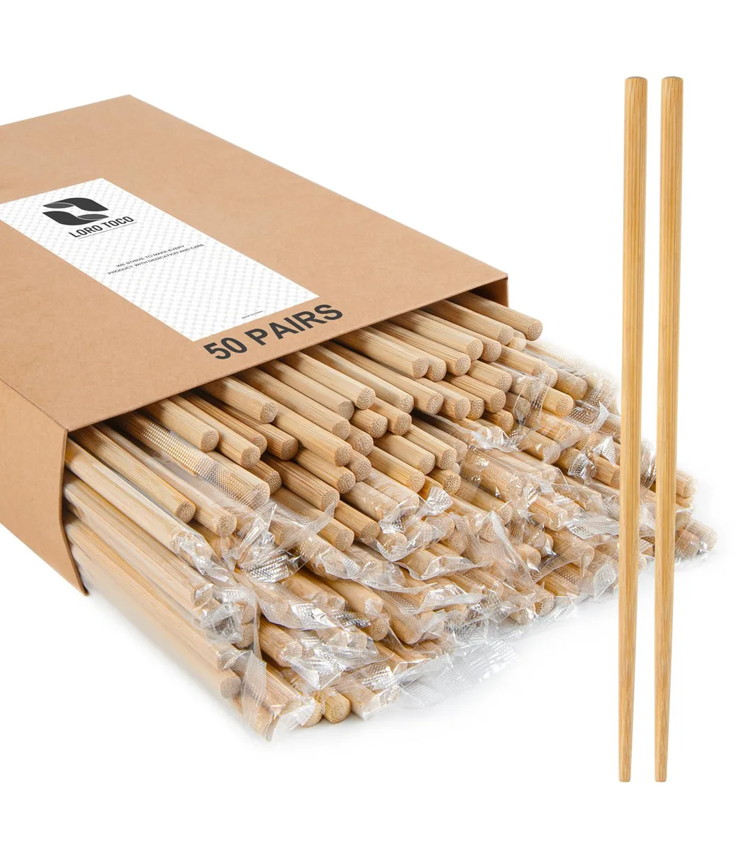 Bundle of 50 pairs of light bamboo chopsticks in individual paper sleeves, 9.45 inches long