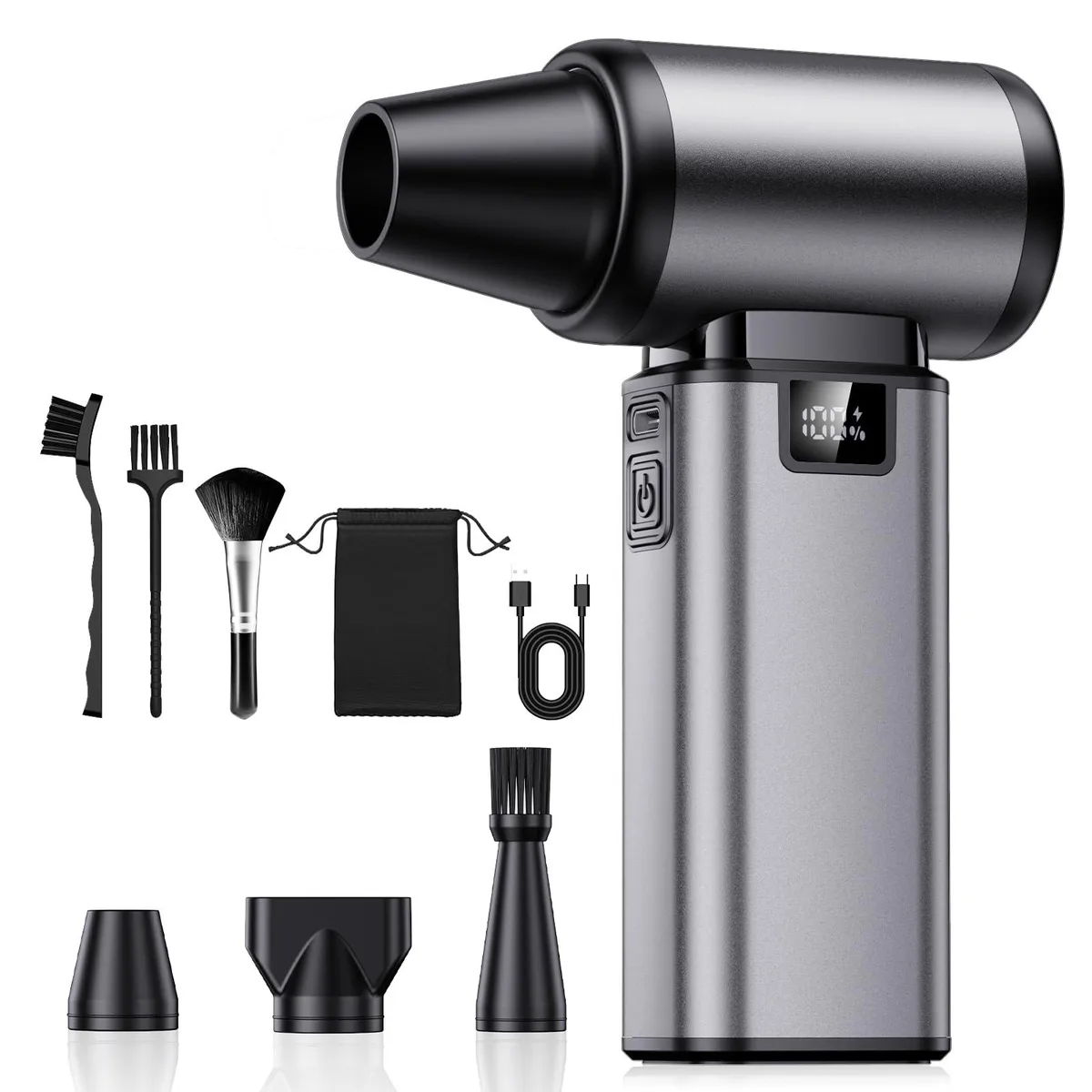 Black cordless air duster with nozzle and brush attachments, compact handheld design