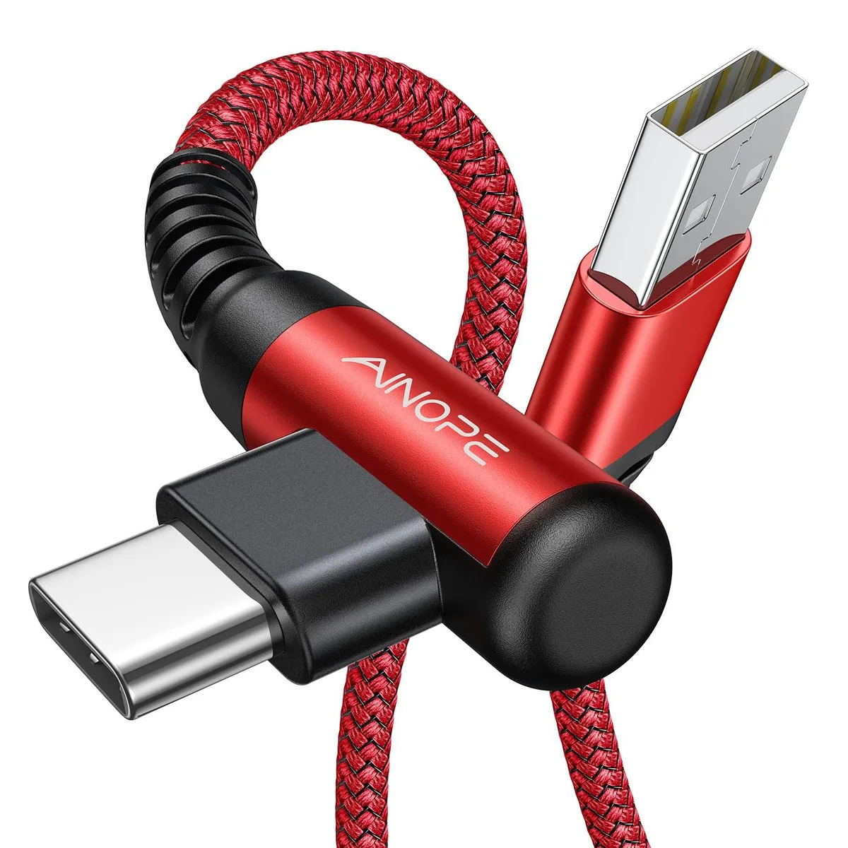 Two red nylon-braided USB-A to USB-C cables with right-angle connectors, 6.6 ft each