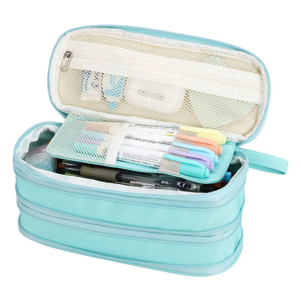 Twelve rectangular canvas pencil cases, folded flat with silver zippers and top handles, stacked together
