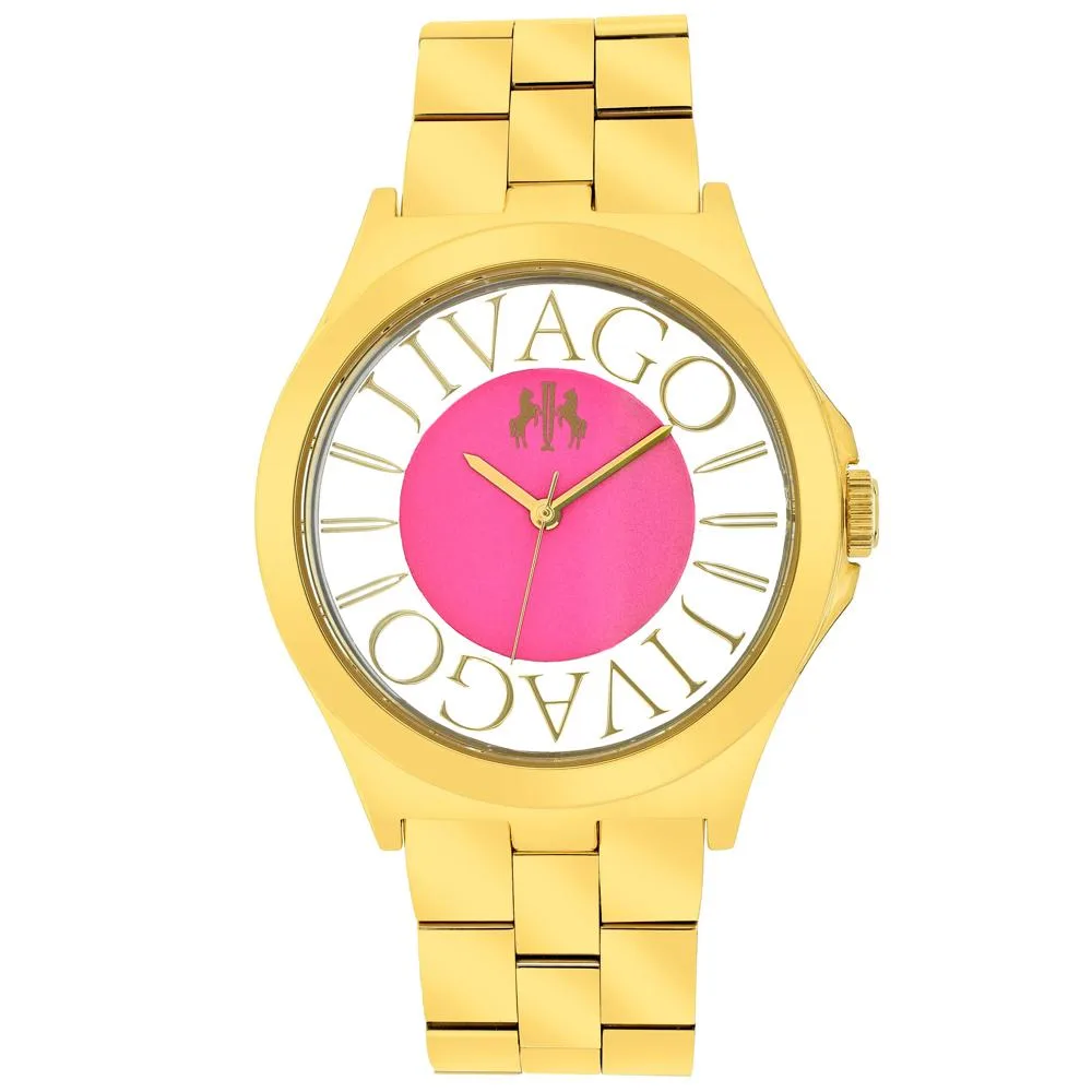 Pink dial analogue watch on stainless steel bracelet