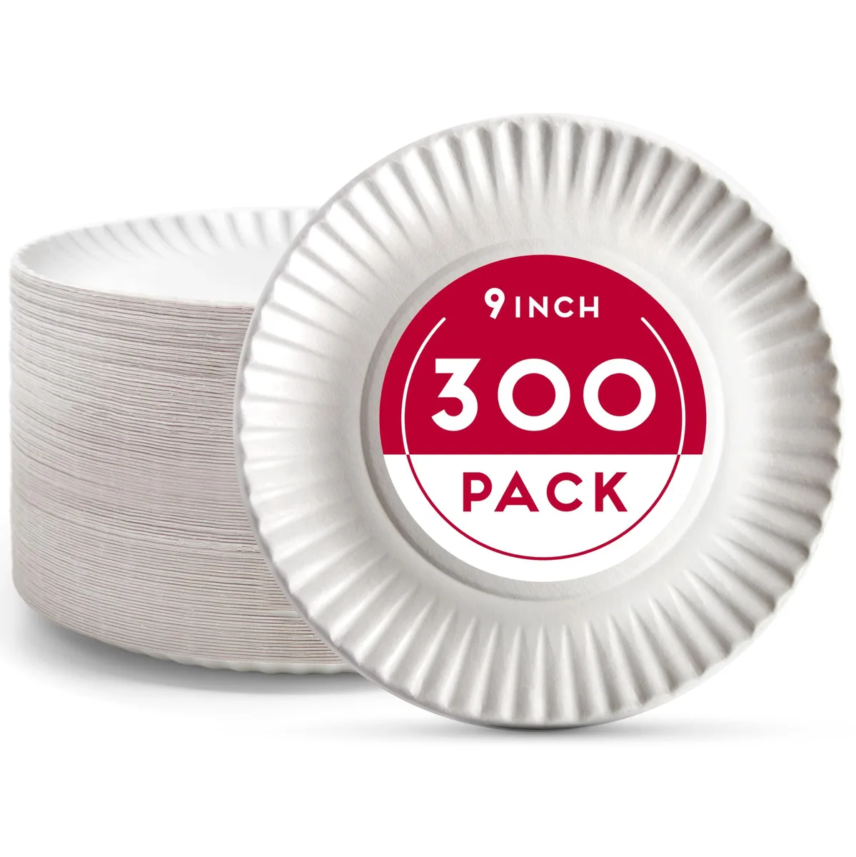 A stack of three hundred white rectangular paper plates nine inches square
