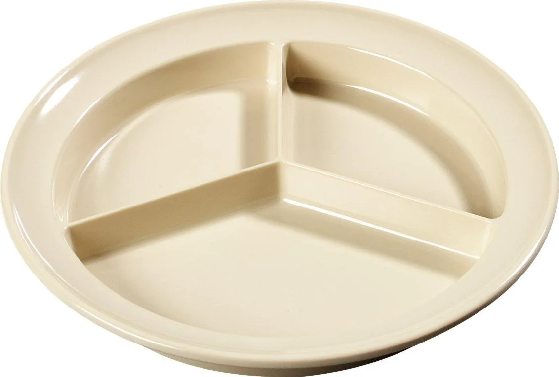 Rectangular white melamine plate with tan rim and three deep compartments, 8.75 inches square