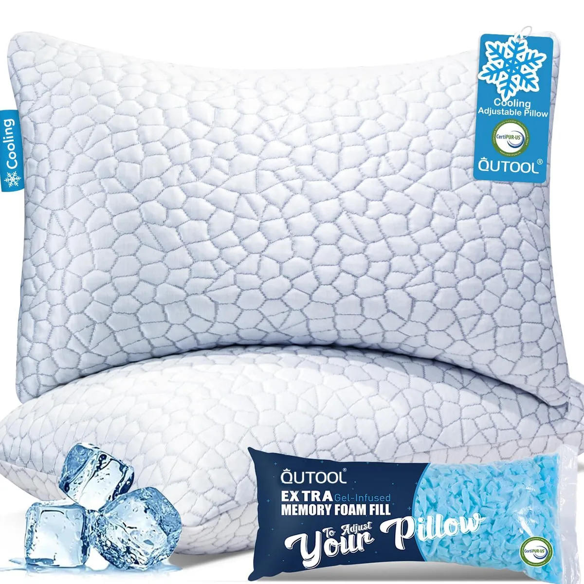 Two king-size white cooling pillows with zippered covers showing shredded memory foam filling