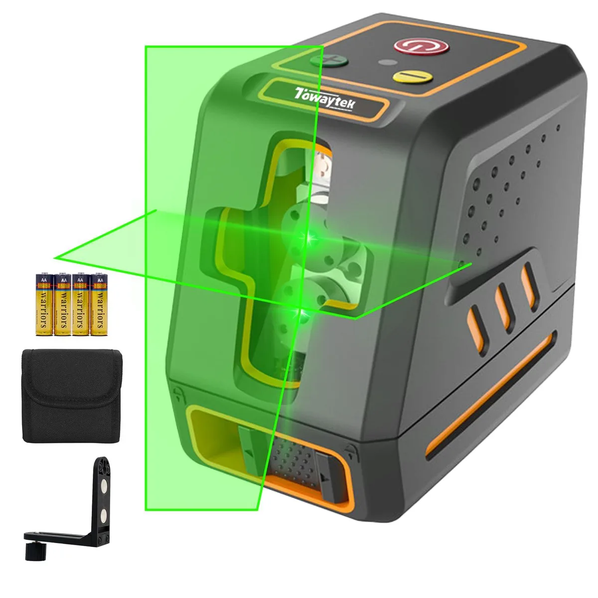 Compact green-beam laser level with rubberised housing and carrying pouch