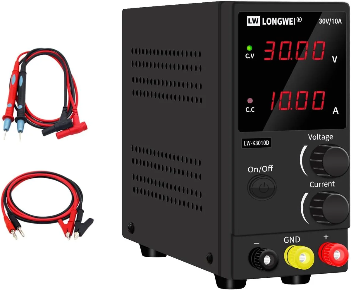 Black benchtop DC power supply with four-digit LED display and output terminals