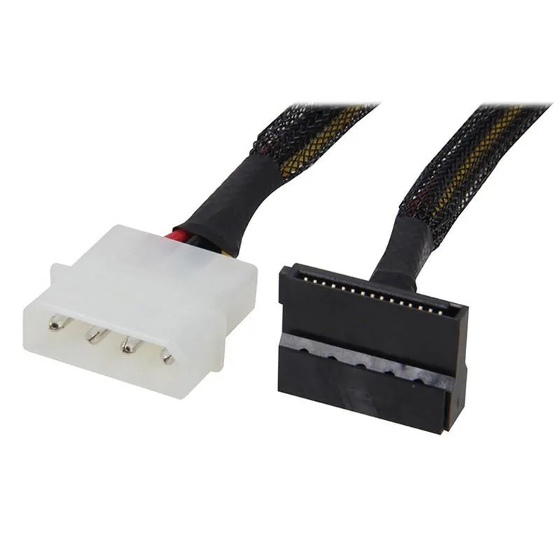 EN-Labs EN-Labs 12 inch Molex 4-pin Male to 2 x SATA 15-pin 90-Degree Splitter Cable Black Net Sleeved — product photo