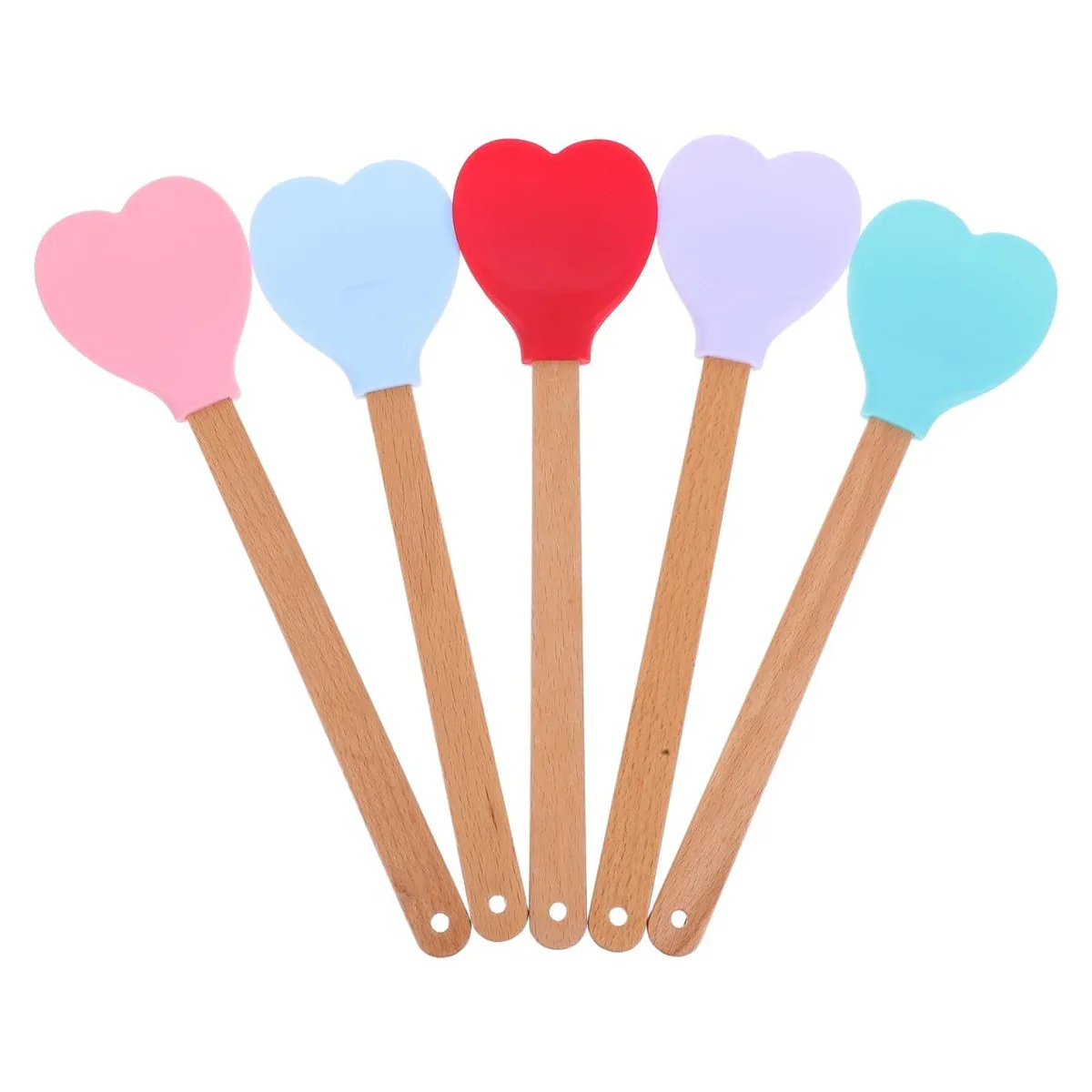 Five heart-shaped silicone spatulas with wooden handles in assorted colours