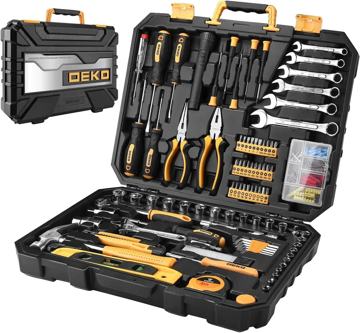 Black plastic toolbox case with silver metal tools inside, 17.5 by 13.6 by 3.5 inches