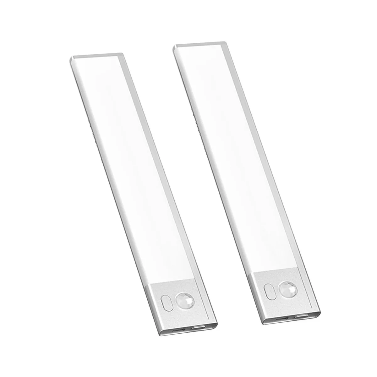 Two slim silver bars with white finish and clear prismatic lenses, magnetic mount visible