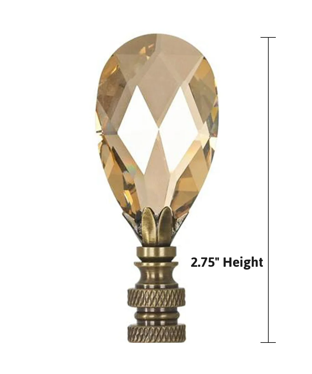 Antique brass lamp finial with champagne crystal teardrop top, 2.85 inches tall