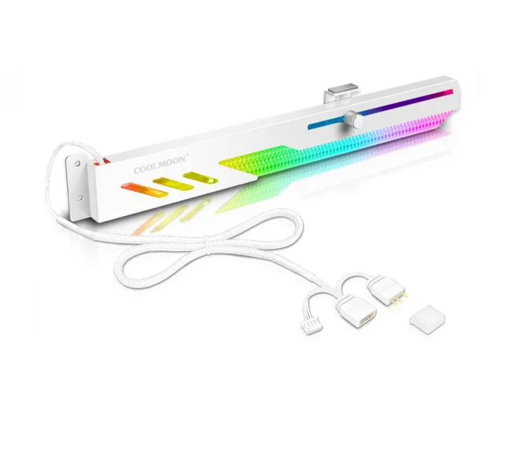 White aluminium-magnesium GPU brace, 280mm long, ARGB lighting, adjustable thumb screw