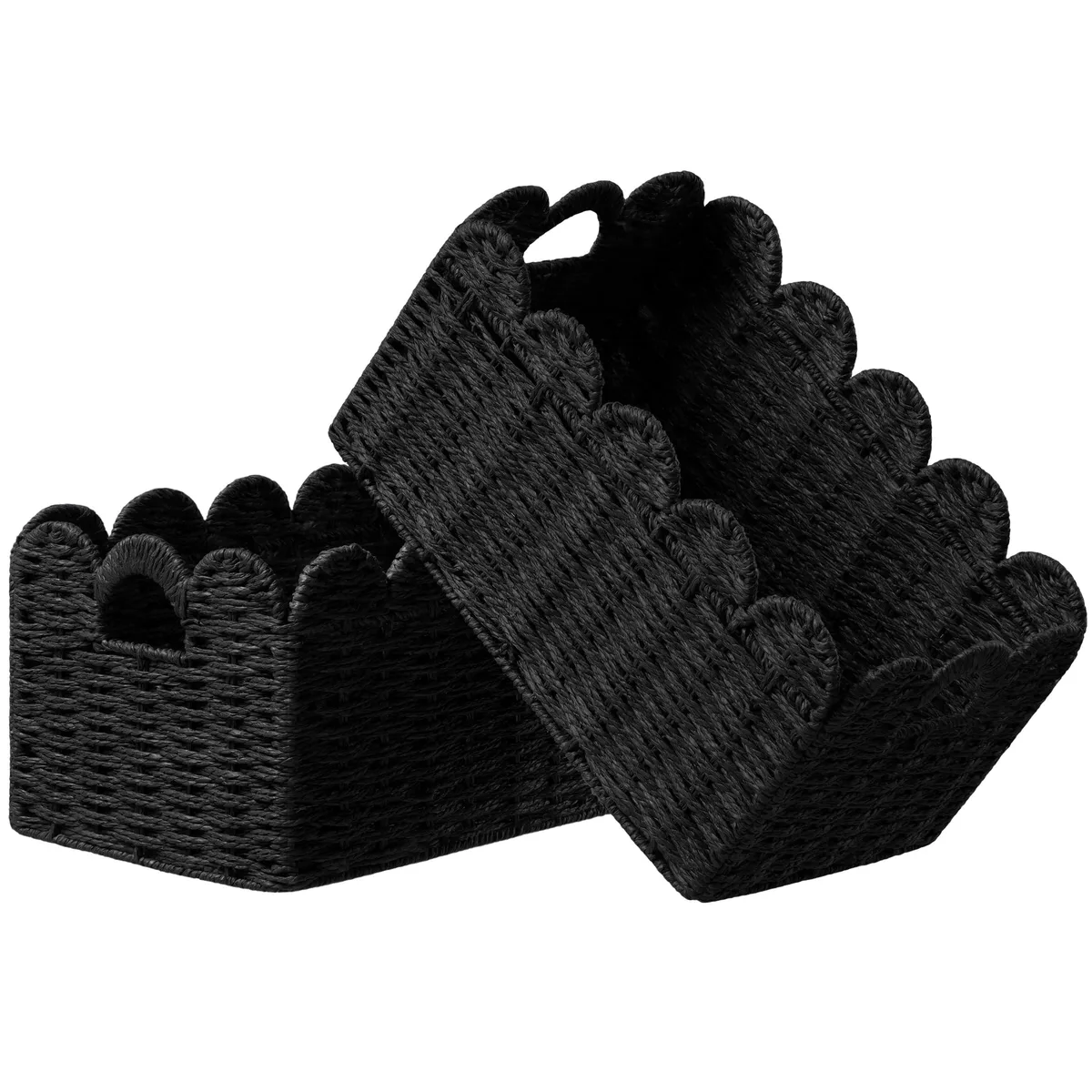 Two woven rectangular storage baskets with scalloped edges and side handles, folded flat