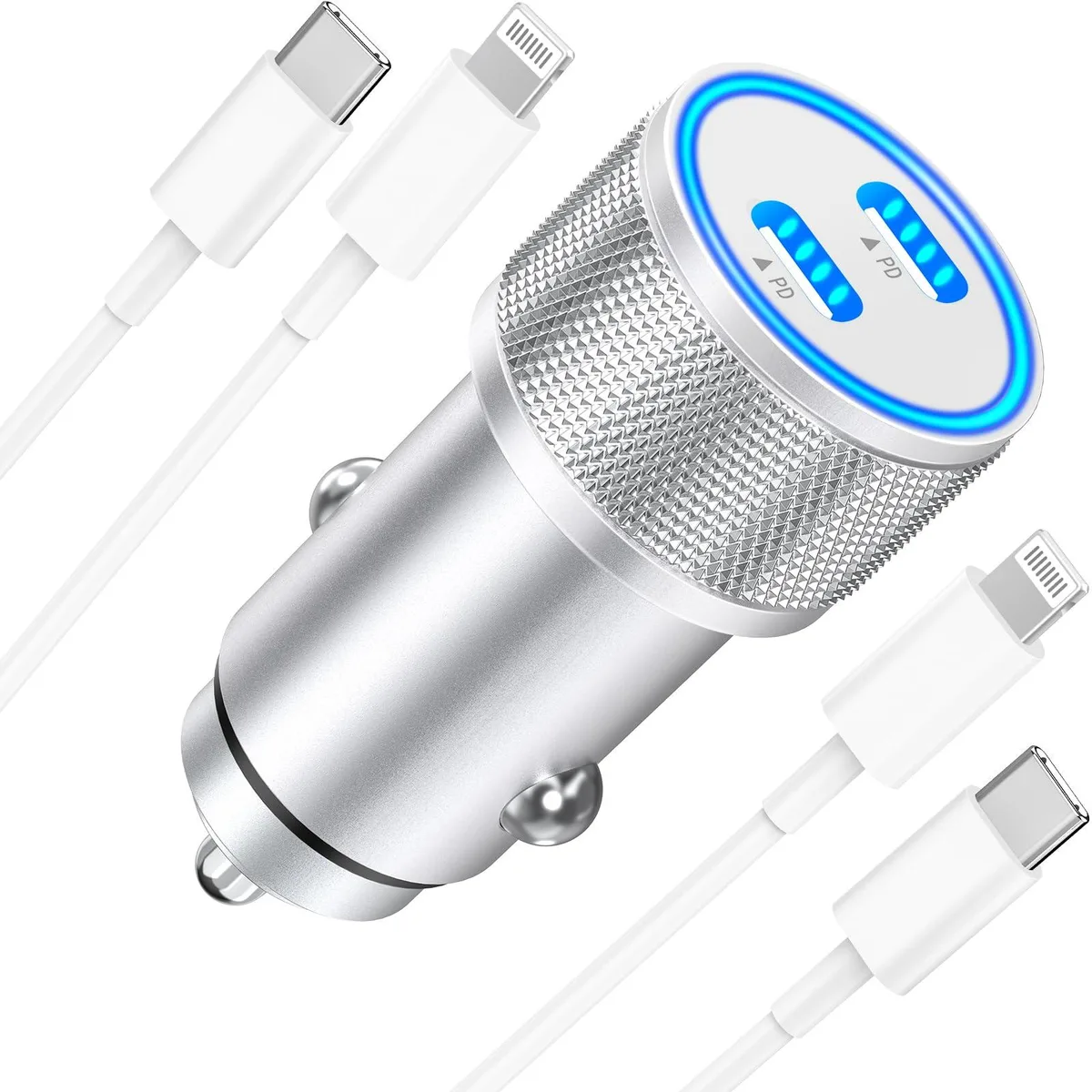 A white car charger with two USB-C ports and two white USB-C to Lightning cables