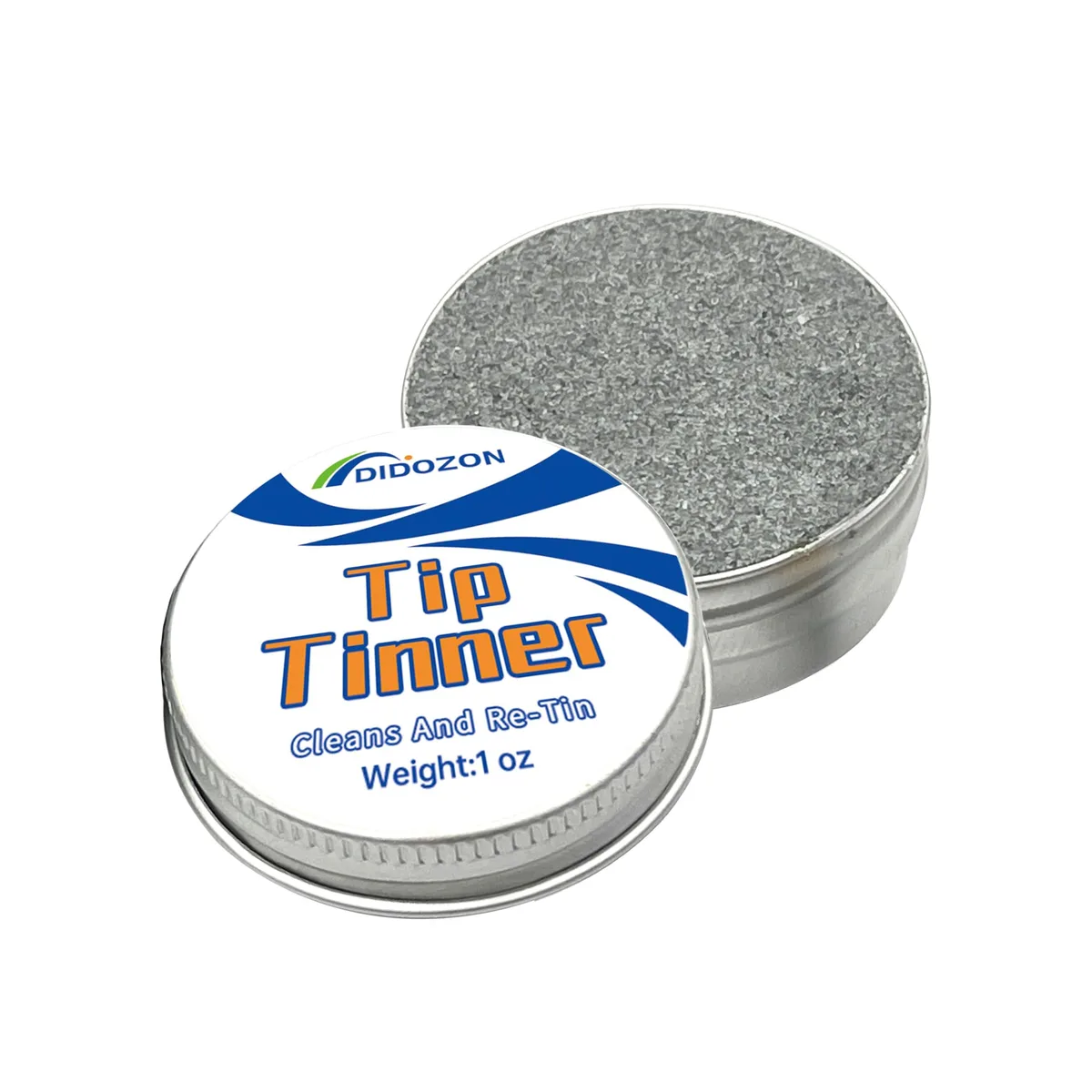Small cylindrical tin with lid labelled Metra FHG-001 Tip Tinner Cleaner 1 oz