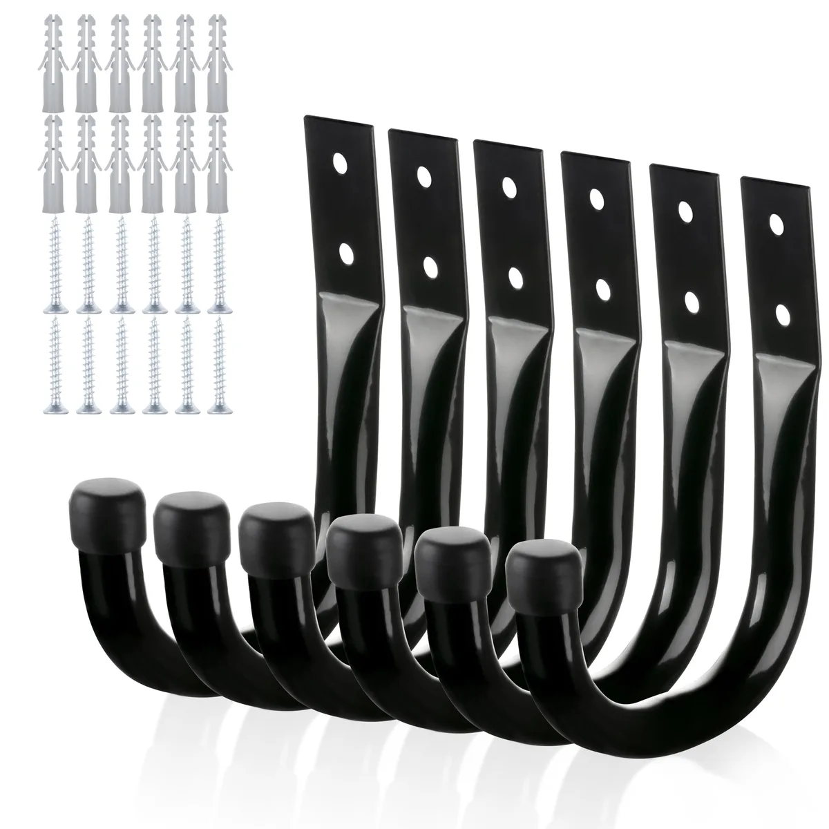Six black carbon-steel J hooks with plastic coating