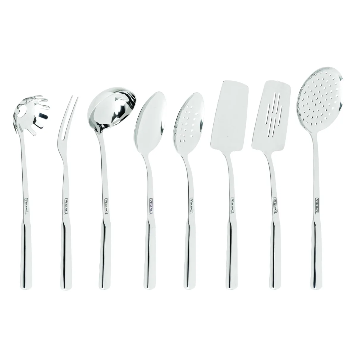 Eight stainless steel cooking utensils with mirror finish on a surface