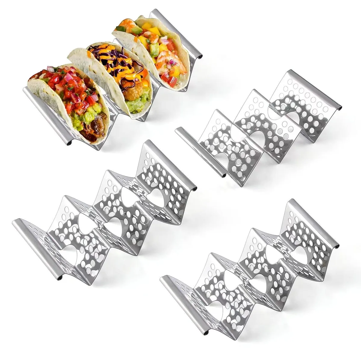 Set of four stainless steel taco holders with perforated sides and handles