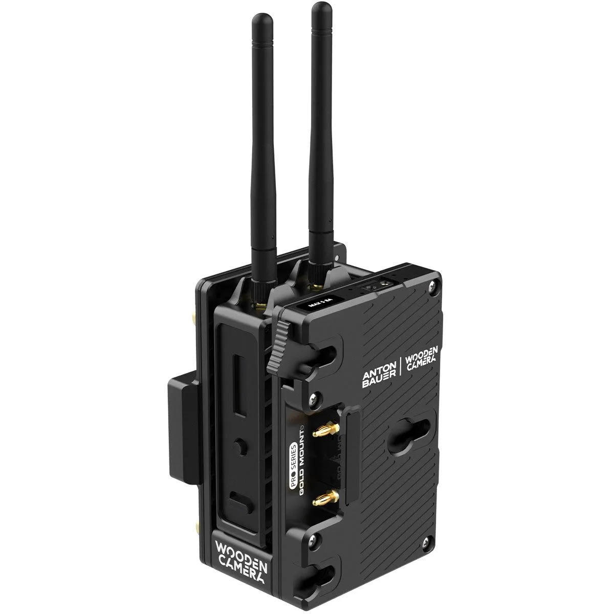 Black anodized aluminium cradle with dual Gold Mount battery plates and three D-Tap ports for Teradek Bolt LT transmitter