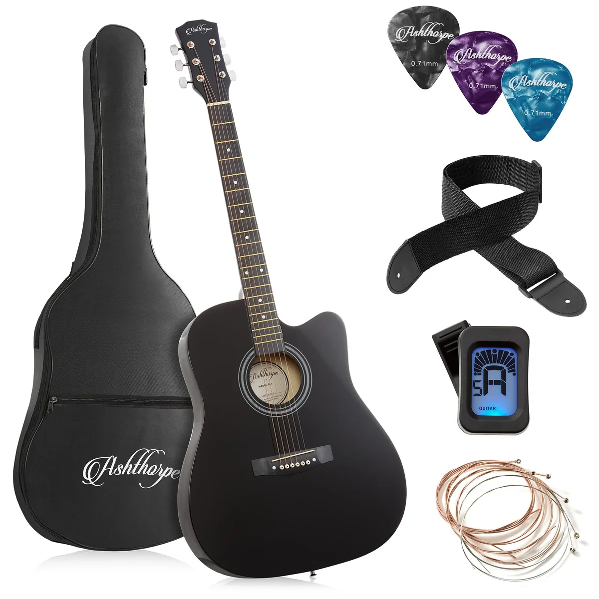 Ashthorpe Ashthorpe 41-inch Beginner Cutaway Acoustic Guitar Package (Black) — product photo