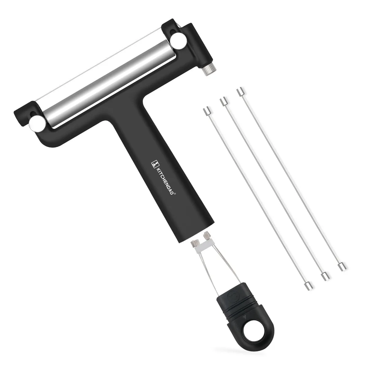 Black hand-held wire cheese slicer with rectangular stainless steel frame and built-in spare wire storage