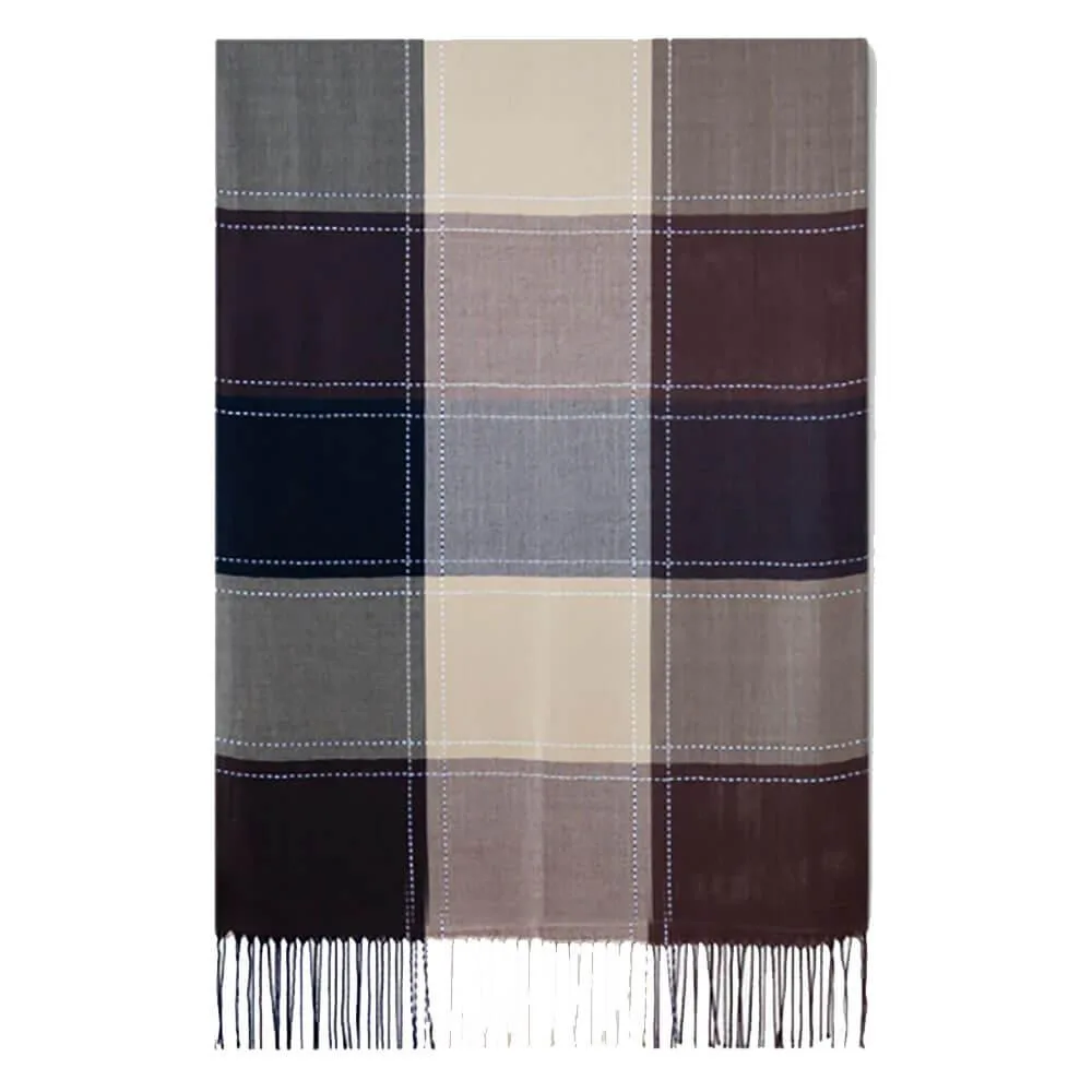 Brown checker-patterned pashmina shawl laid flat showing mid-block design