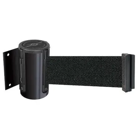 Black retractable belt barrier with fixed mounting plate, 13 ft black belt, horizontal stripe pattern, metal alloy frame
