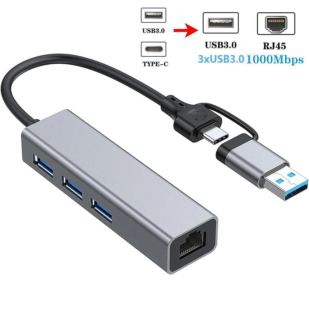 WRIARICH WRIARICH USB 3.0 &amp; USB C to 3-Port Hub Gigabit Ethernet Adapter Gray — product photo
