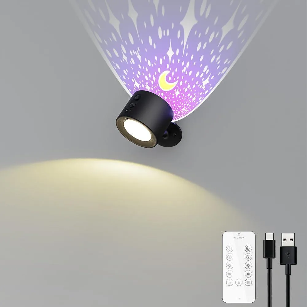 Black round LED wall sconce with star projector, magnetic base, remote control, rechargeable 2200mAh battery