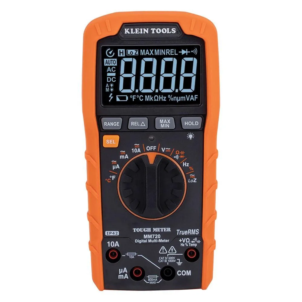 Orange and black rectangular digital multimeter with reverse-contrast LCD display and test lead holders