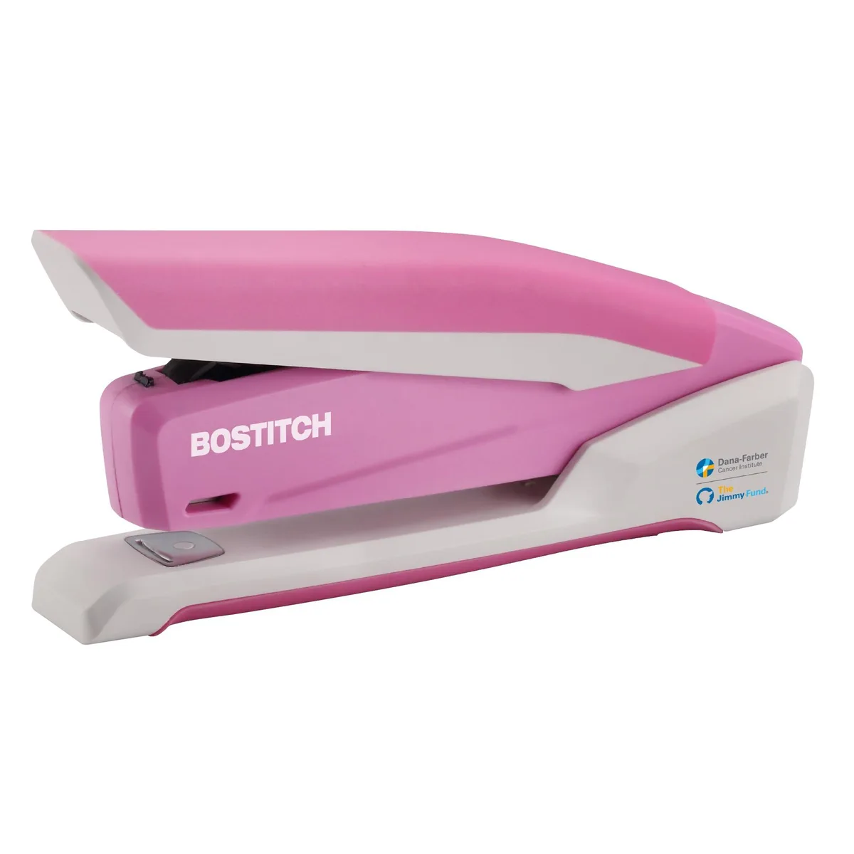 Pink desktop stapler, manual plastic body, 20 sheet capacity, 210 staples included