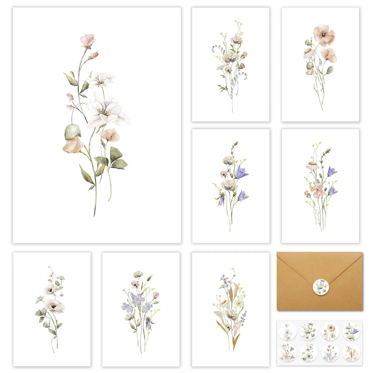 A boxed set of 32 folded floral cards with matching envelopes and stickers