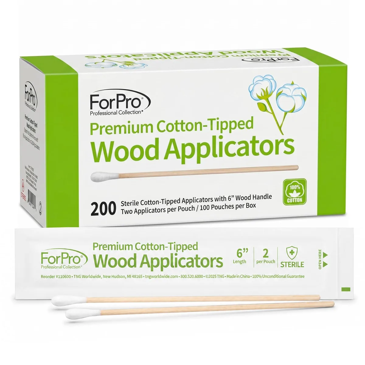 Box of 200 sterile cotton-tipped wood applicators in 100 pouches