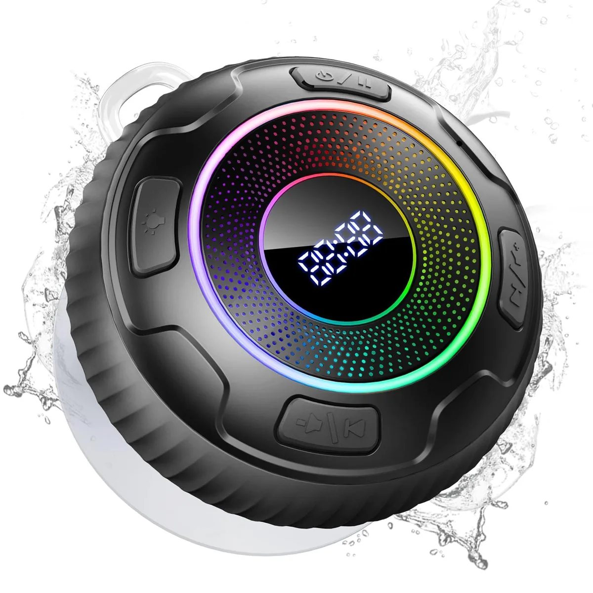 Black cylindrical speaker with suction cup hook and LED display