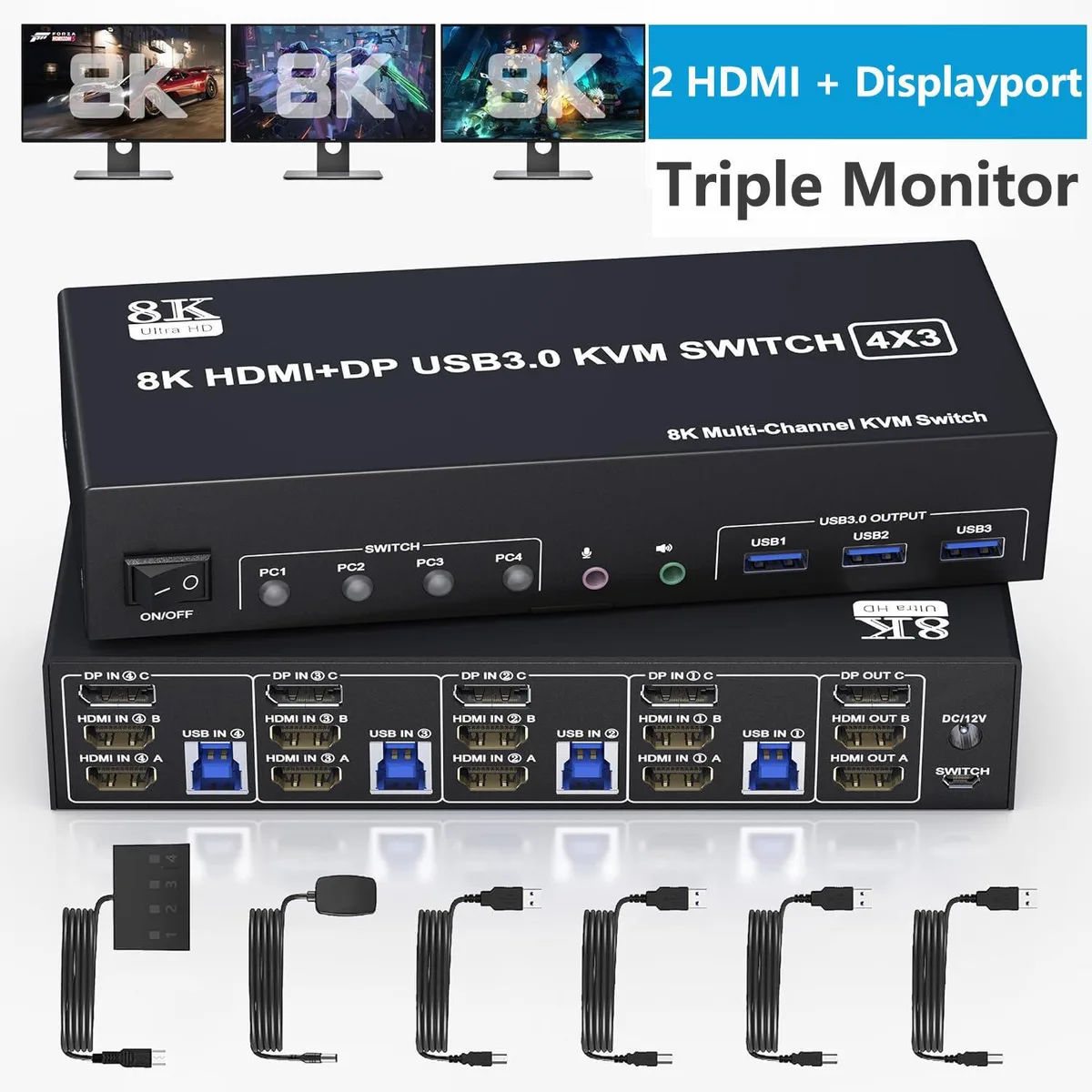 WRIARICH WRIARICH 4-Port 3-Monitor KVM Switch 2 HDMI + 1 DP 8K@60Hz 4K@144Hz USB 3.0 Audio — product photo