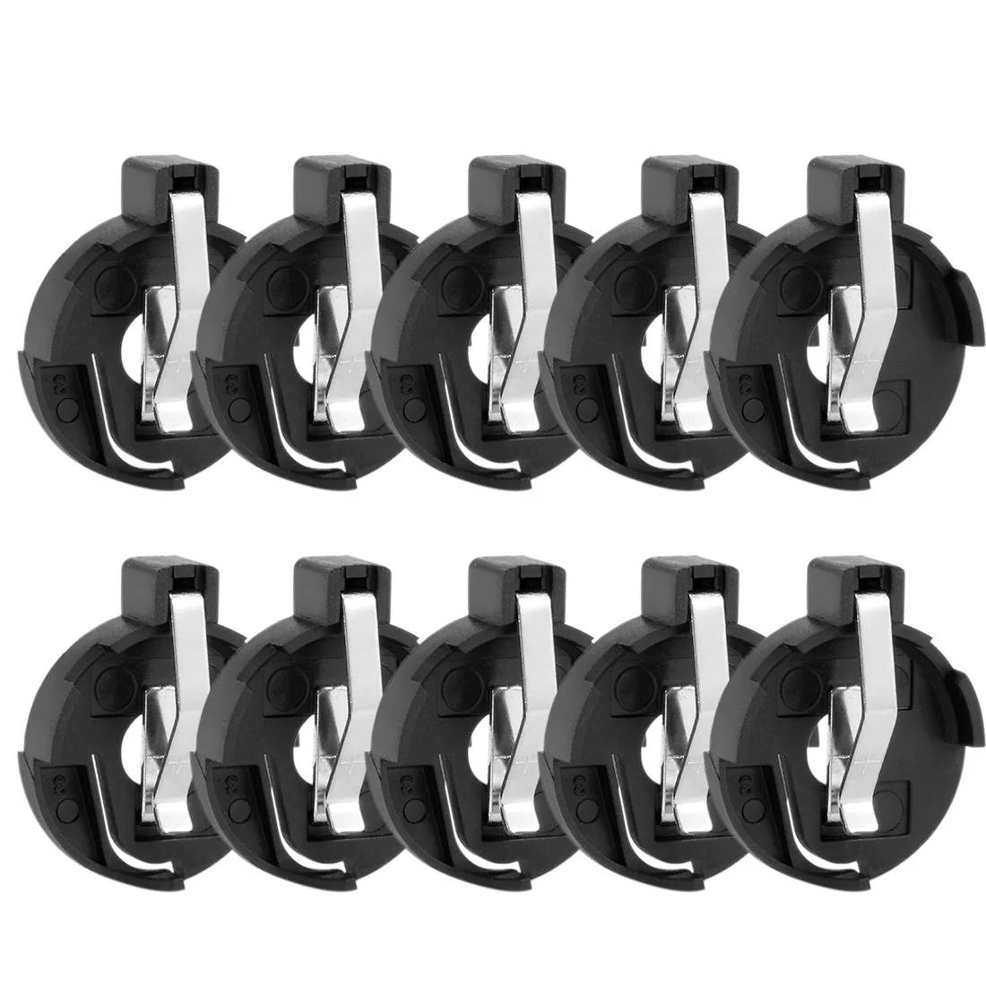 Black plastic coin cell holder with two pins, pack of ten