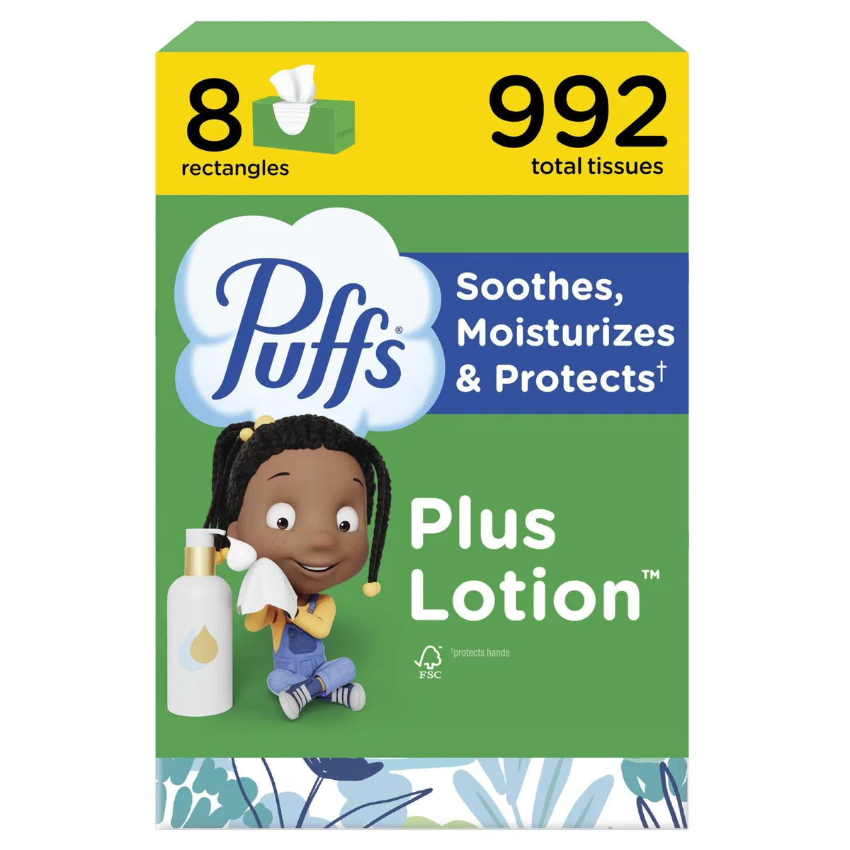 Eight rectangular cardboard boxes of Puffs Plus Lotion facial tissues