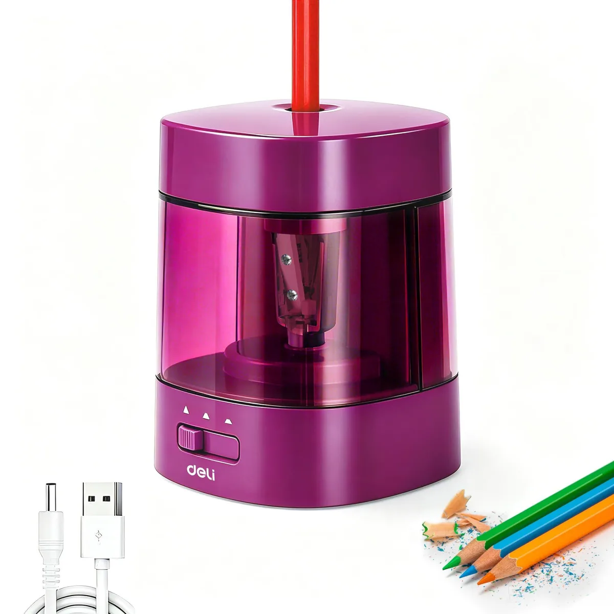 Deep pink electric pencil sharpener with ABS plastic housing, battery or USB powered