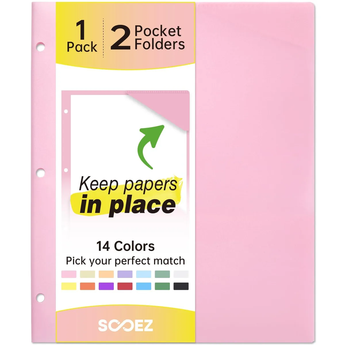 Pink plastic two-pocket folder with three-hole punched edge, leather-look finish